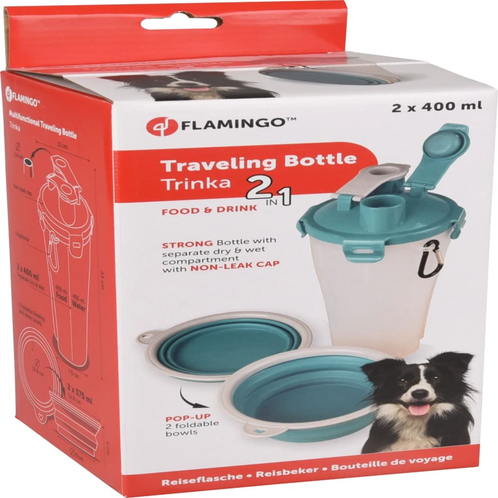 FLAMINGO Bol d'eau de voyage 2 en 1 pour animaux Trinka Bleu et gris