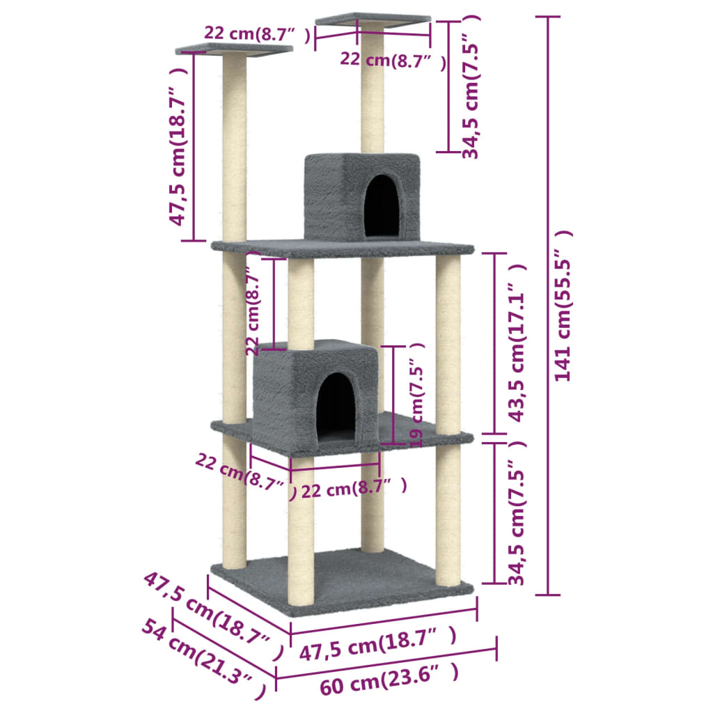 Arbre à chat avec griffoirs en sisal Gris foncé 141 cm