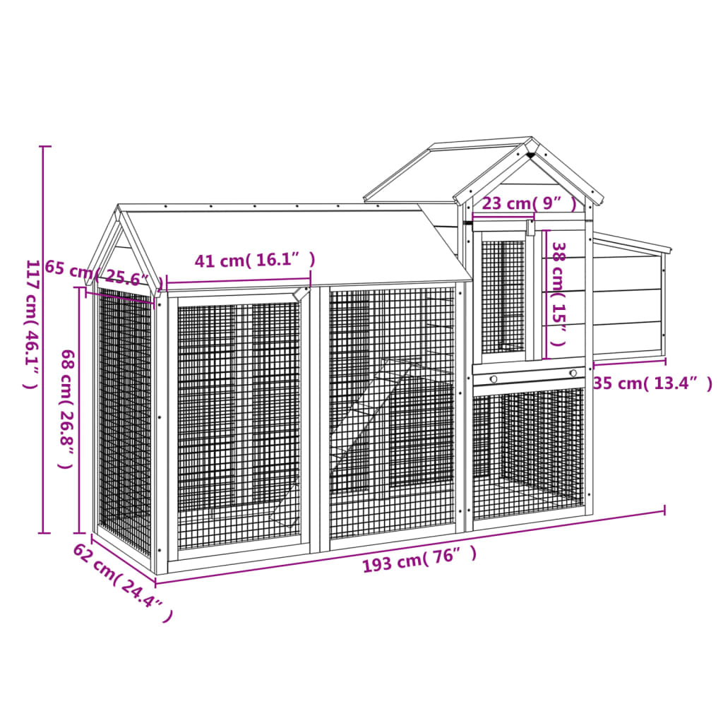 Poulailler moka 193x65x117 cm bois massif de pin