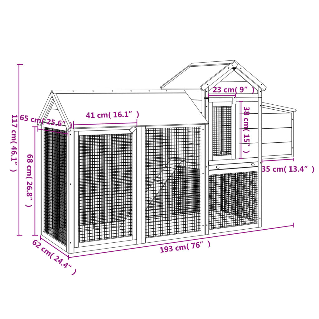 Poulailler rouge 193x65x117 cm bois massif de pin