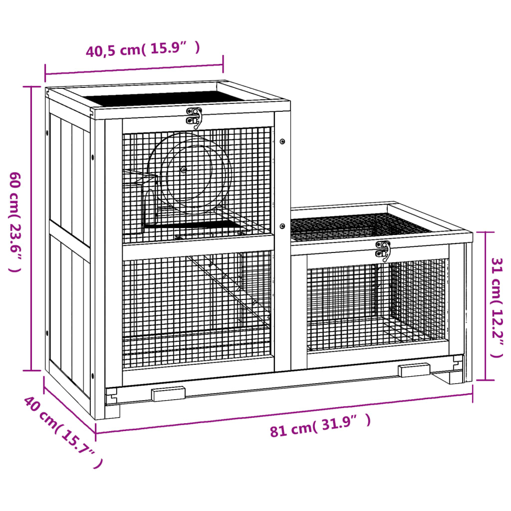 Cage à hamster 81x40x60 cm bois massif de sapin