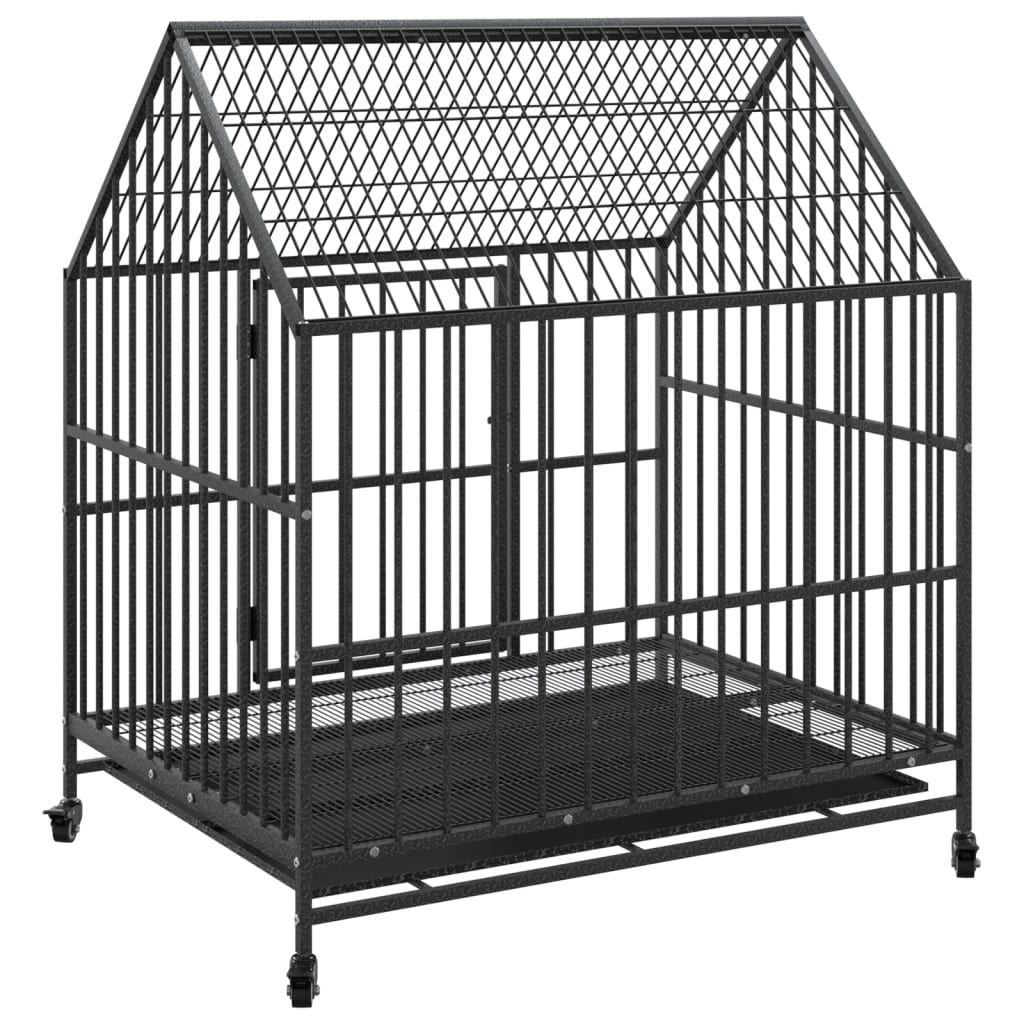 Cage pour chien avec roues noir gris acier galvanisé