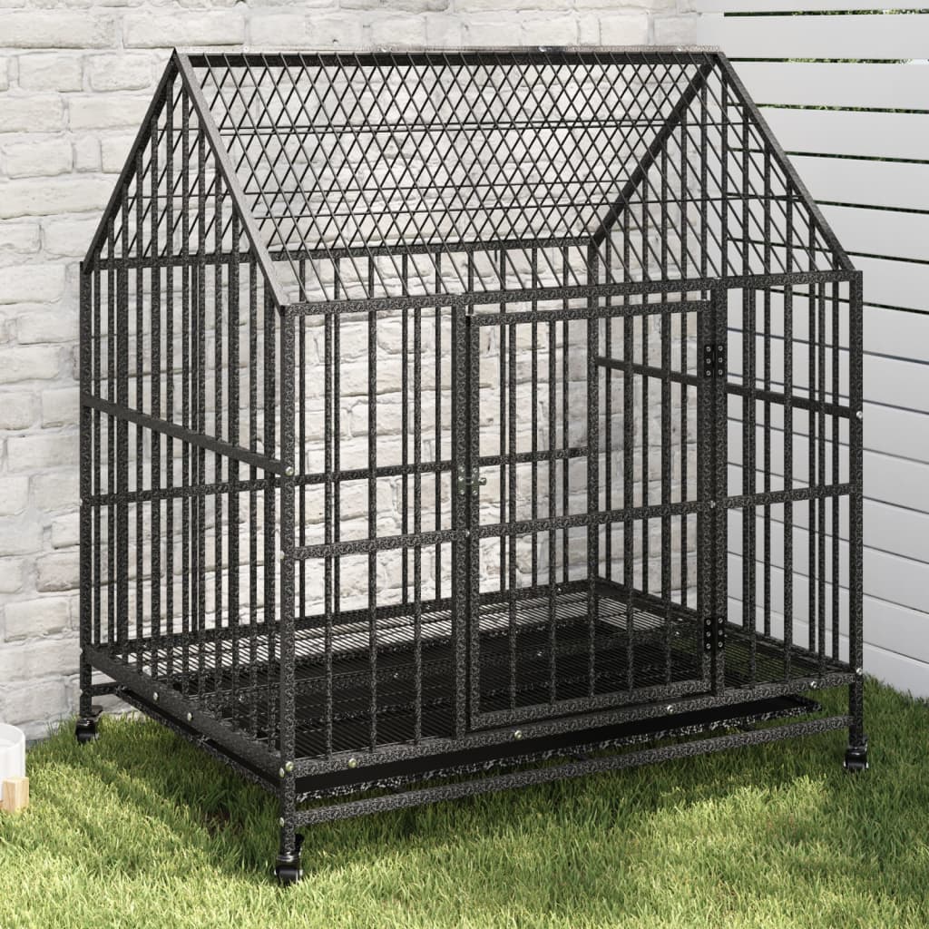 Cage pour chien avec roues noir gris acier galvanisé