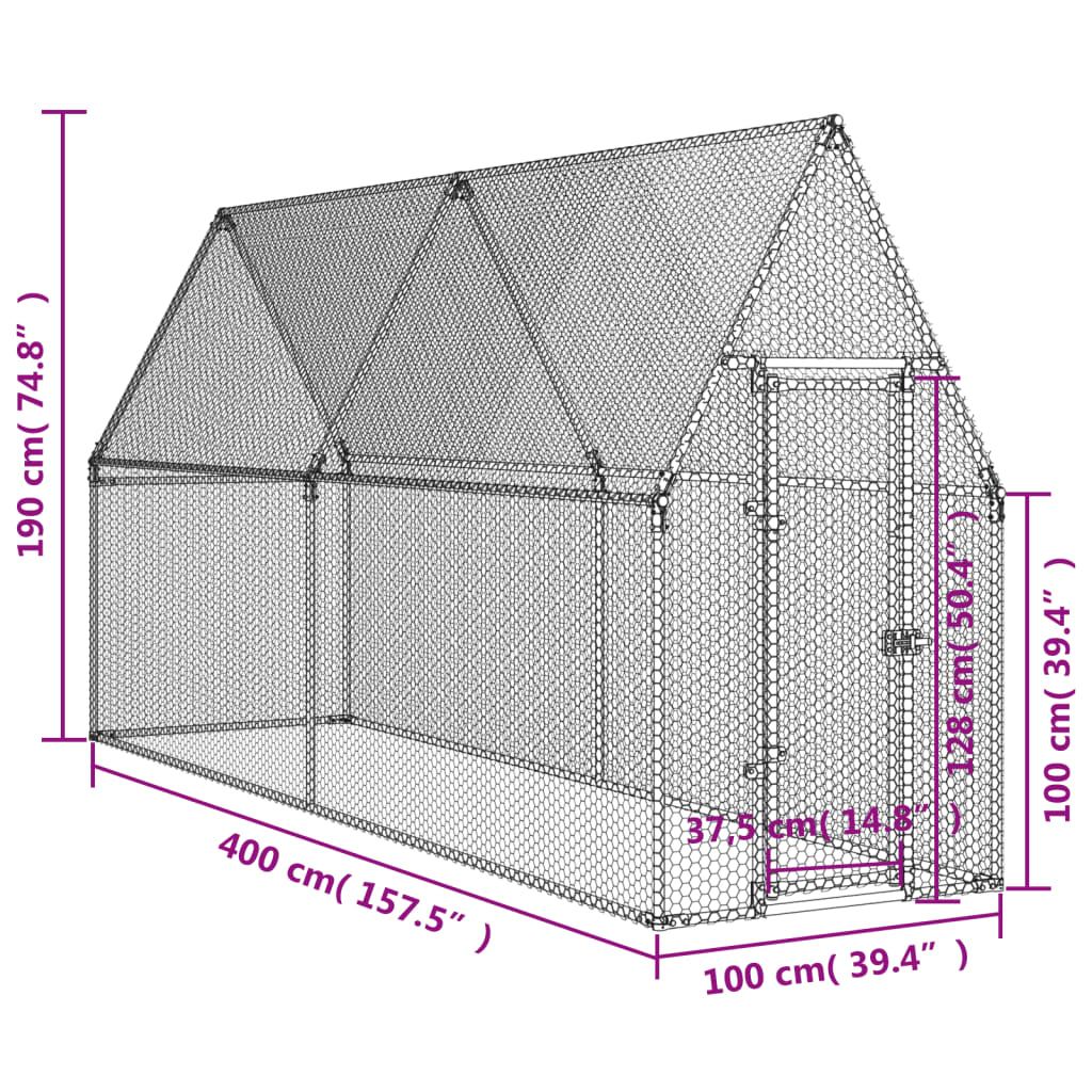 Cage pour poules argenté 400x100x190 cm acier galvanisé